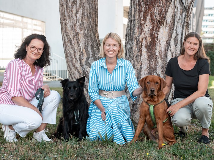 LH-Stv.in Mag.a Christine Haberlander mit Mag.a Katrin Schindlbauer (r.), Klinische Heilpädagogin und Besitzerin von Therapiehund Filou, sowie Mag.a Sonja Zach, Klinische Heilpädagogin und Besitzerin von Limit.
