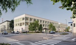 Rendering des Neubaus der Zentralküche sowie des Restaurants für Mitarbeitende am Med Campus des Kepler Universitätsklinikum