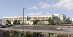 Rendering des Neubaus der Zentralküche sowie des Restaurants für Mitarbeitende am Med Campus des Kepler Universitätsklinikum