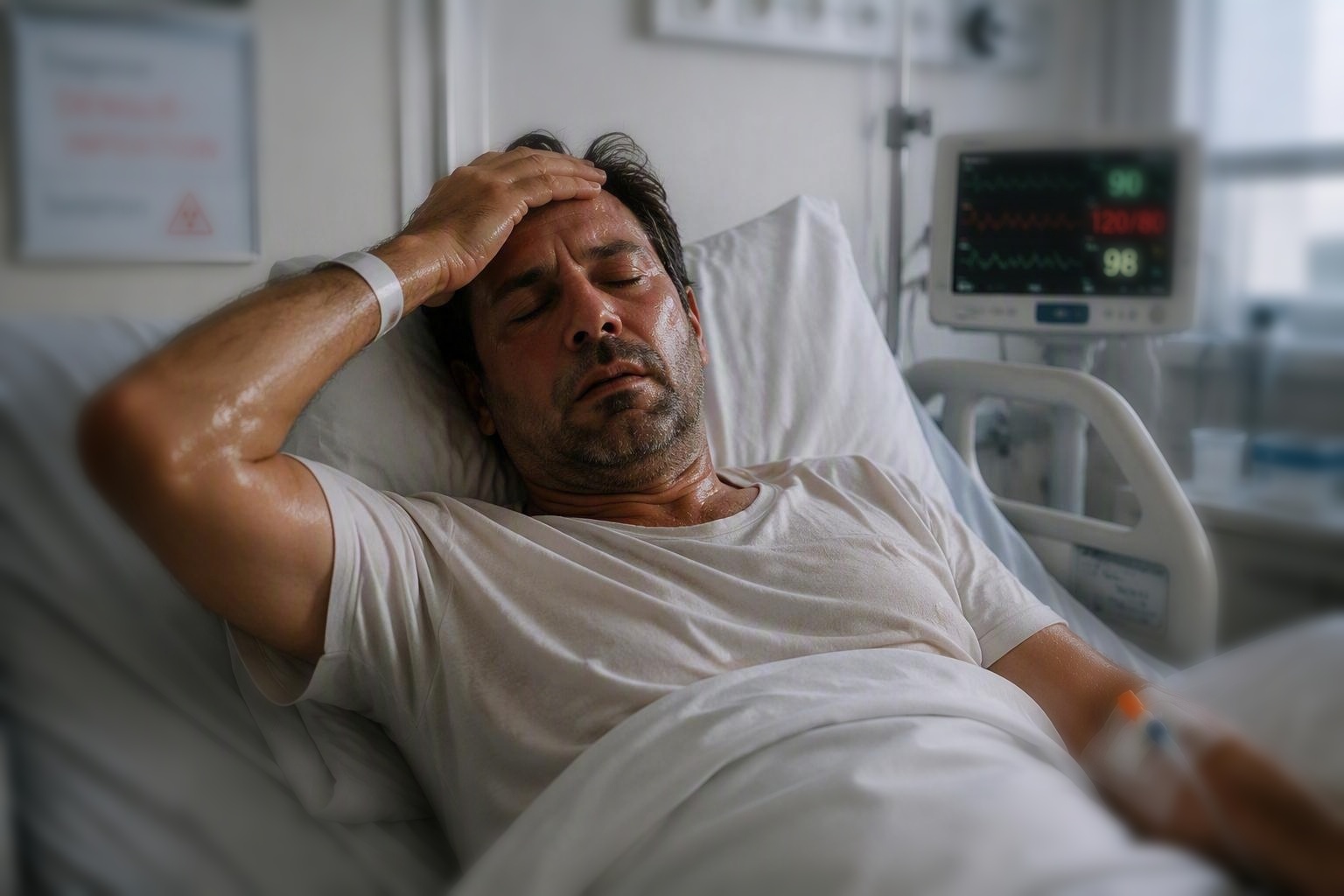 Mann liegt mit Dengue-Fieber im Krankenbett